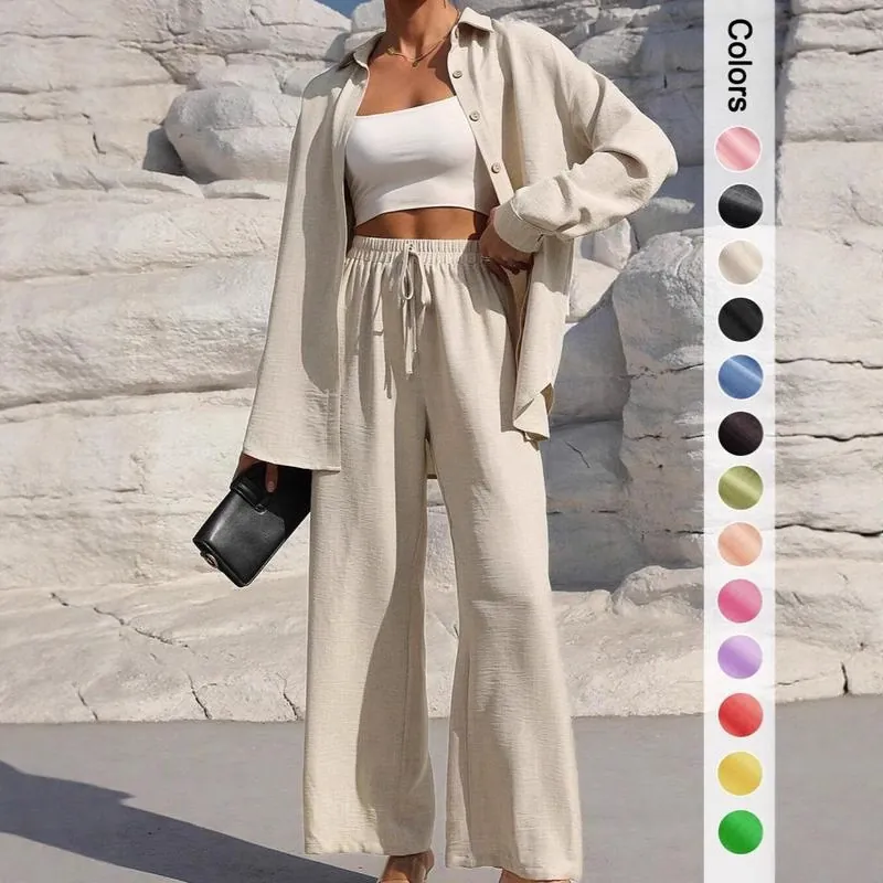 Damen Elegant Einfarbig Strickjacke Hemd Und Weites Bein Hose Oben Und Unten Casual Langarm Loungewear Set Für Damen Mode