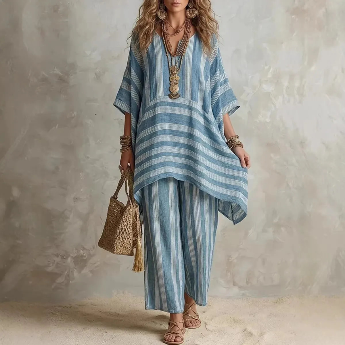 Completo a Due Pezzi a Righe Bohemien Casual da Donna in Poliestere Scollo a V Top Allentato e Pantaloni a Gamba Larga Top And Bottom
