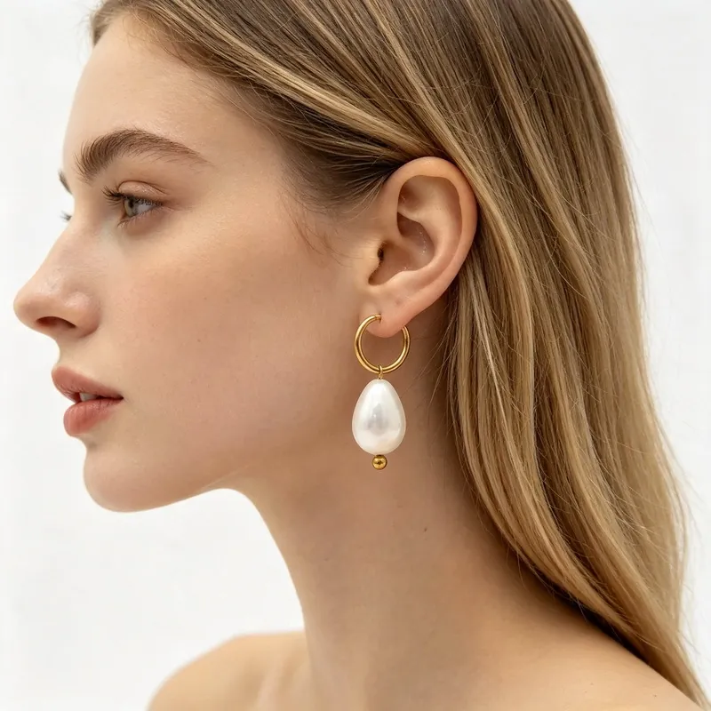 Boucles d'Oreilles Créoles Pendantes Goutte d'Eau Perle de Coquille Artificielle Style Français Acier Inoxydable 304 Or Argent Bijoux