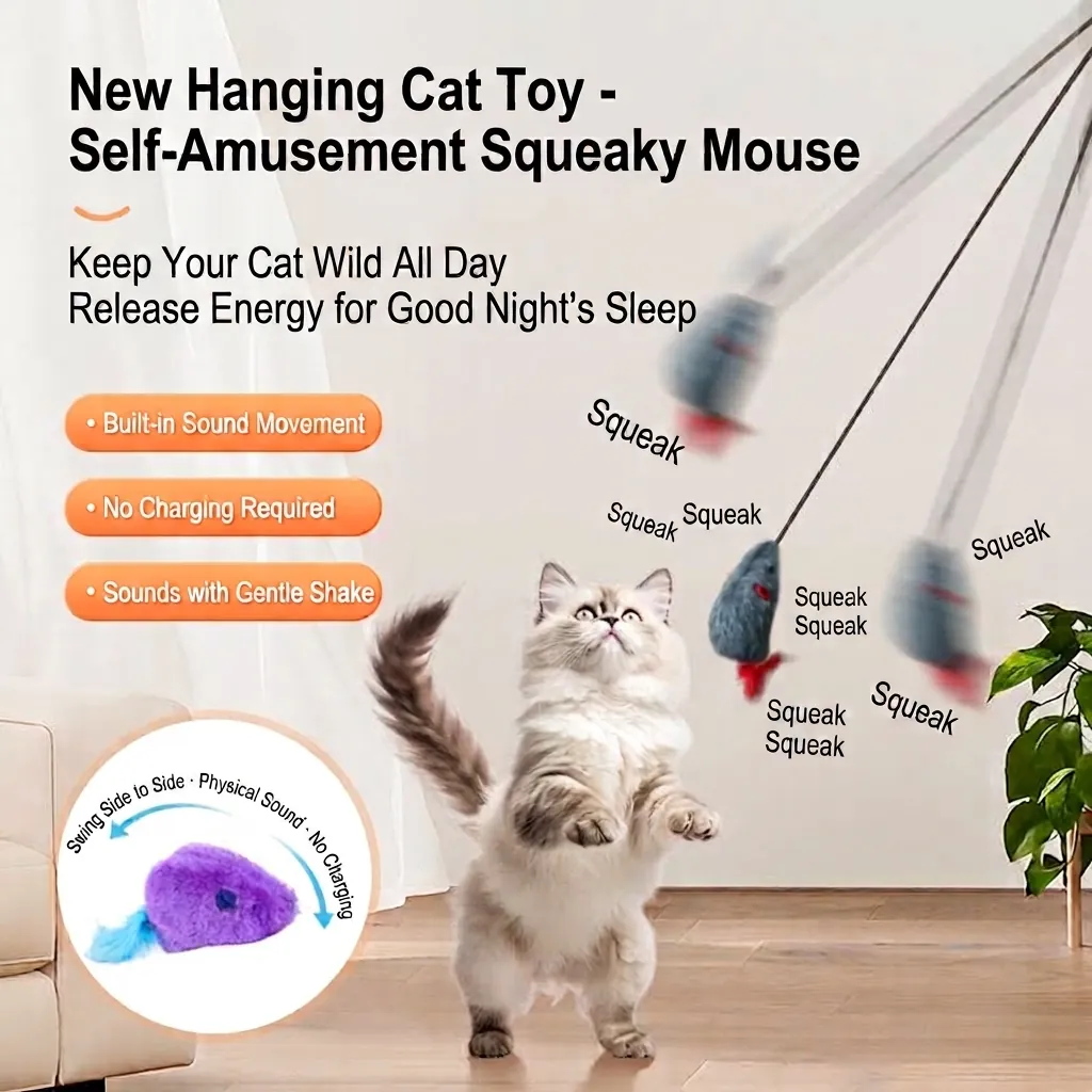 Hanging Squeaky Mouse Cat Toy Interactive Retractable Bouncing Plush Mouse With Feather Self Play Door Hanging Pet Toy