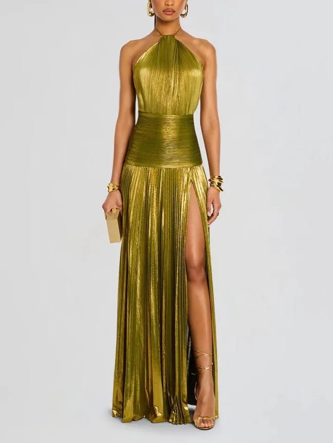 Metallisch Plissee Halter Maxi Kleid Für Damen Sexy Rückenfrei Hoher Schlitz Abendkleid Sommer Ärmellose Formelle Party Kleid