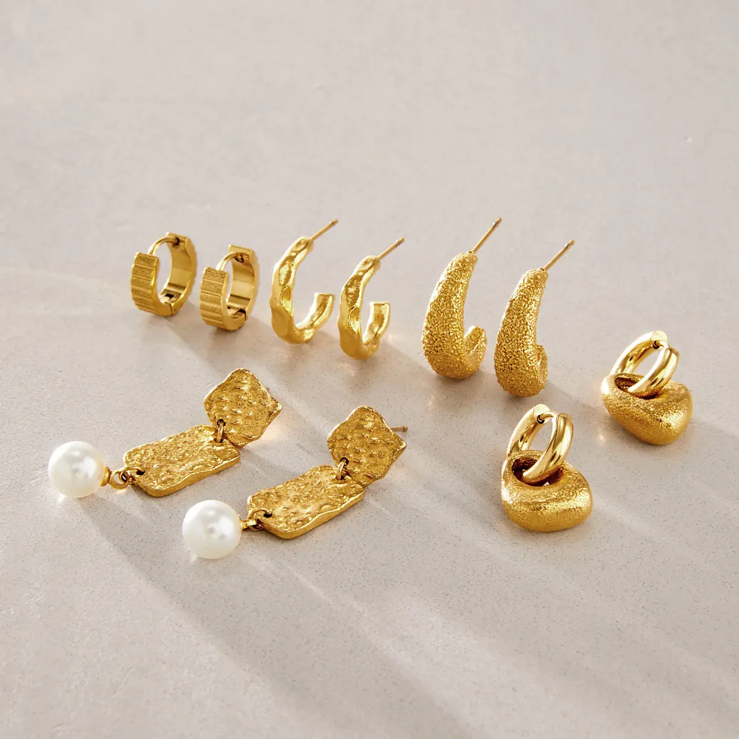 Pendientes de Aro Martillados de Acero Inoxidable Vintage Para Mujer Pendientes Colgantes de Oro Nervados Con Perla Artificial Joyería Lujosa