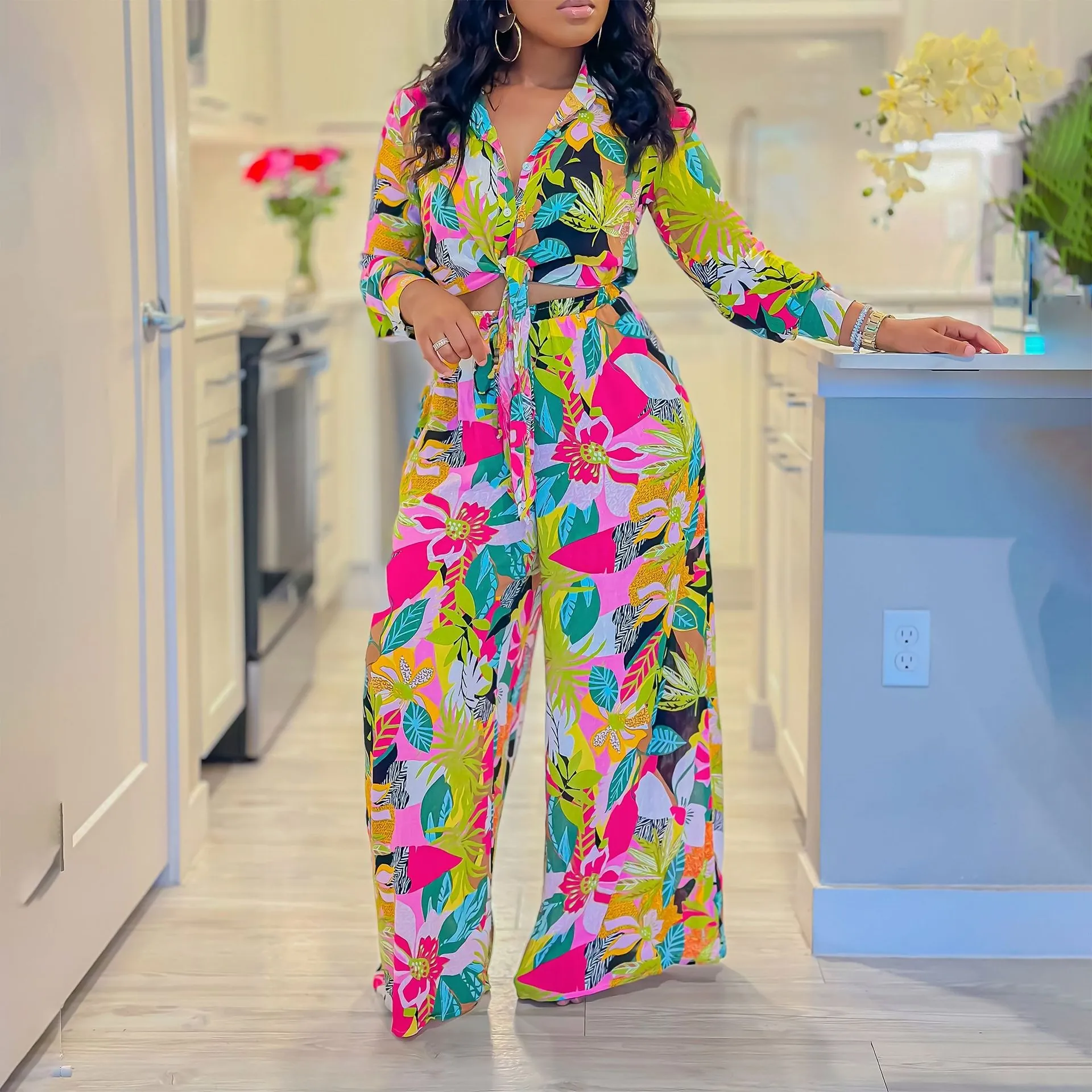 Damen Tropisch Botanisch Floral Bedruckt Zweiteiler Top And Bottom Bindung Vorne Revers Hemd Und Weites Bein Hose Urlaub Outfit