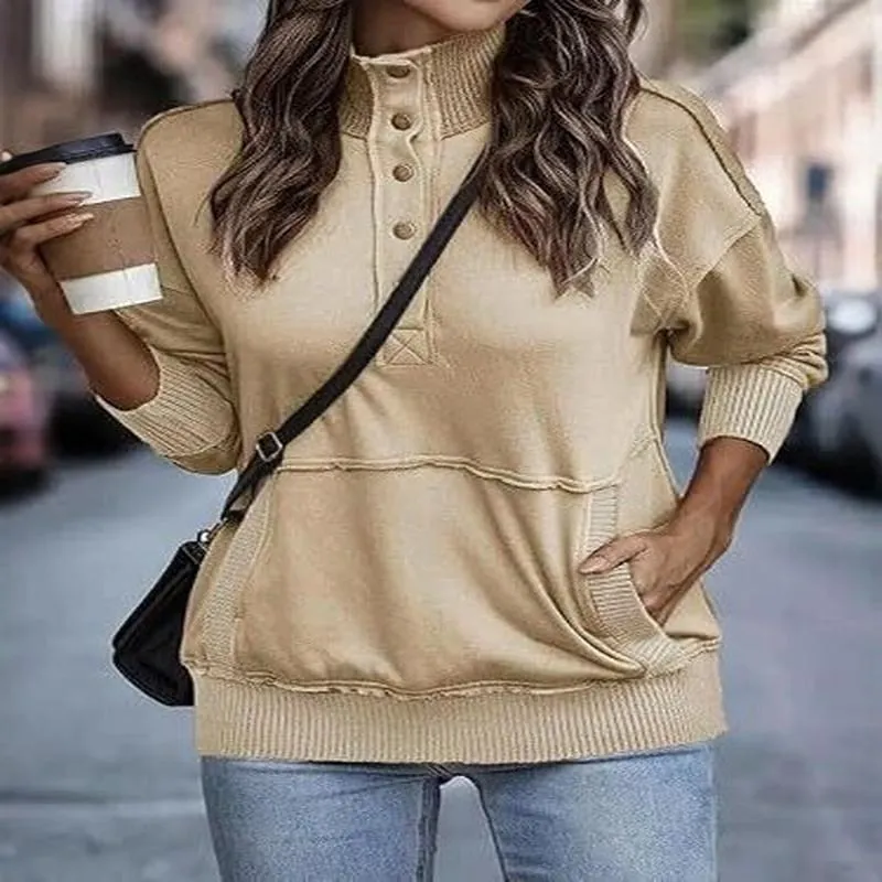 Women Stand Collar Button Sweatshirt Polyester Long Sleeve Casual Pullover Top With Pocket Ribbed Cuffs Fashion Streetwear