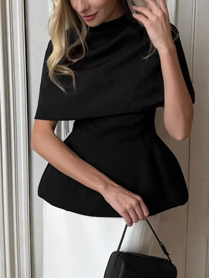 Ensemble Haut Cape Noir Élégant Français Deux Pièces pour Femmes Gilet Sans Manches Coupe Ajustée Et Haut Châle Manches Longues