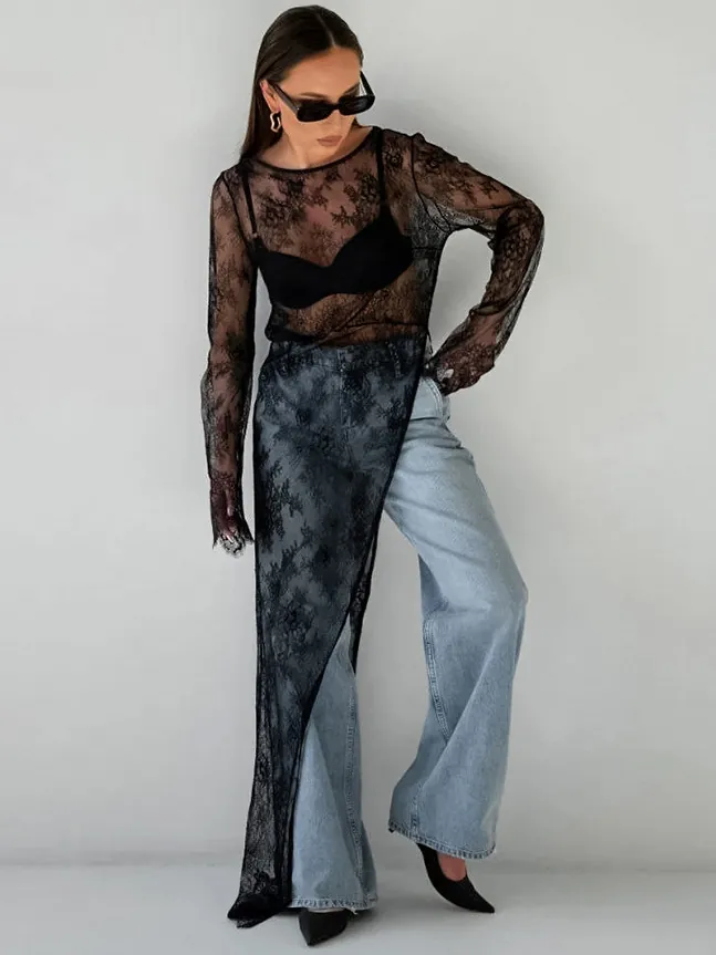 Robe Maxi pour Femmes Sexy Transparente en Dentelle avec Fente Haute Asymétrique Élégante Fleurie Manches Longues