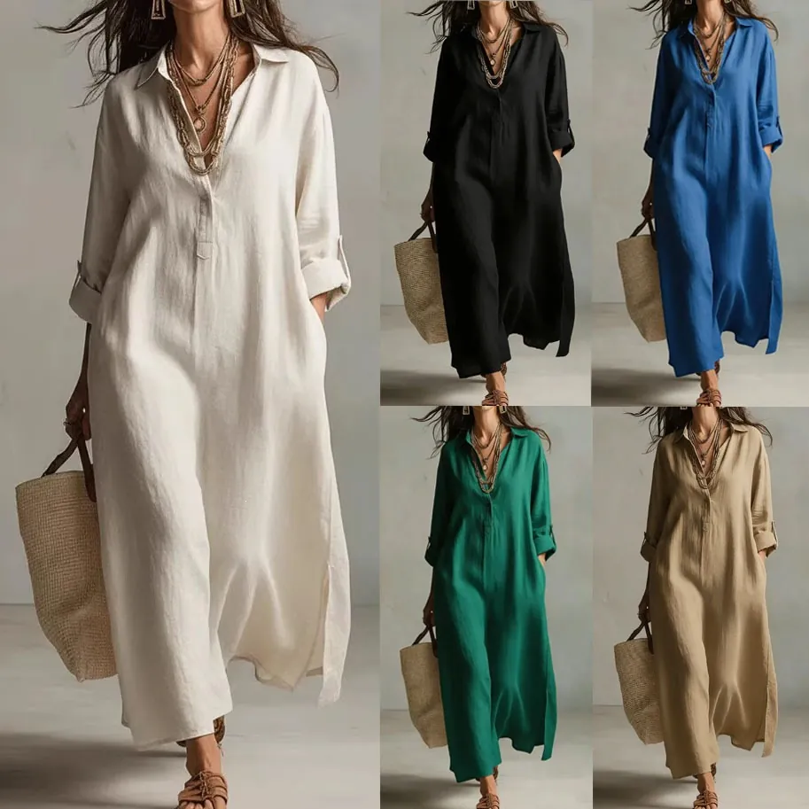 Women Solid Color Shirt Dress Lapel Long Sleeve Loose Maxi Dress Side Slit Casual Lazy Style Summer Spring Cotton Dress