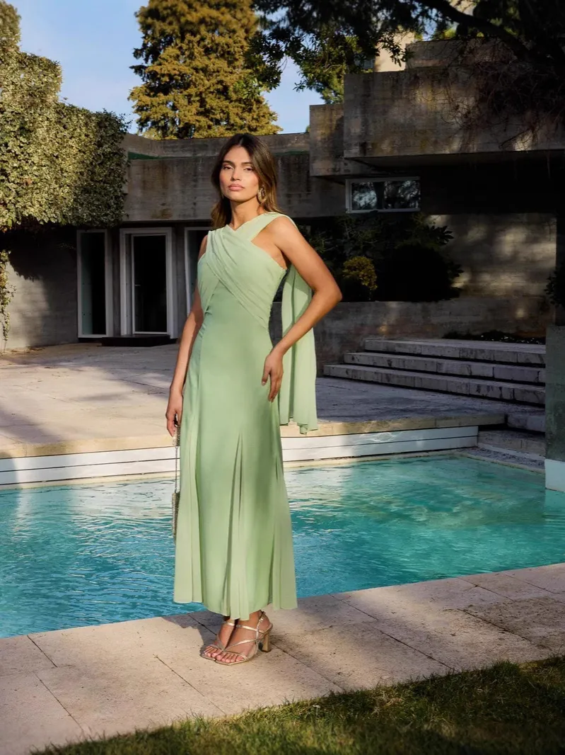 Robe Maxi Élégante en Mousseline pour Femmes Coupe Slim Dos Nu Croisé Ruban Couleur Unie Sexy Sans Manches Robe de Soirée