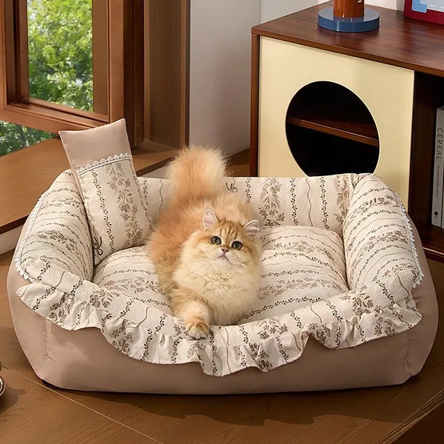 Pastoral Floral Pet Sofa Bed Detachable Washable Thickened Soft Cat Nest Dog Bed With Matching Small Pillow Ruffle Border
