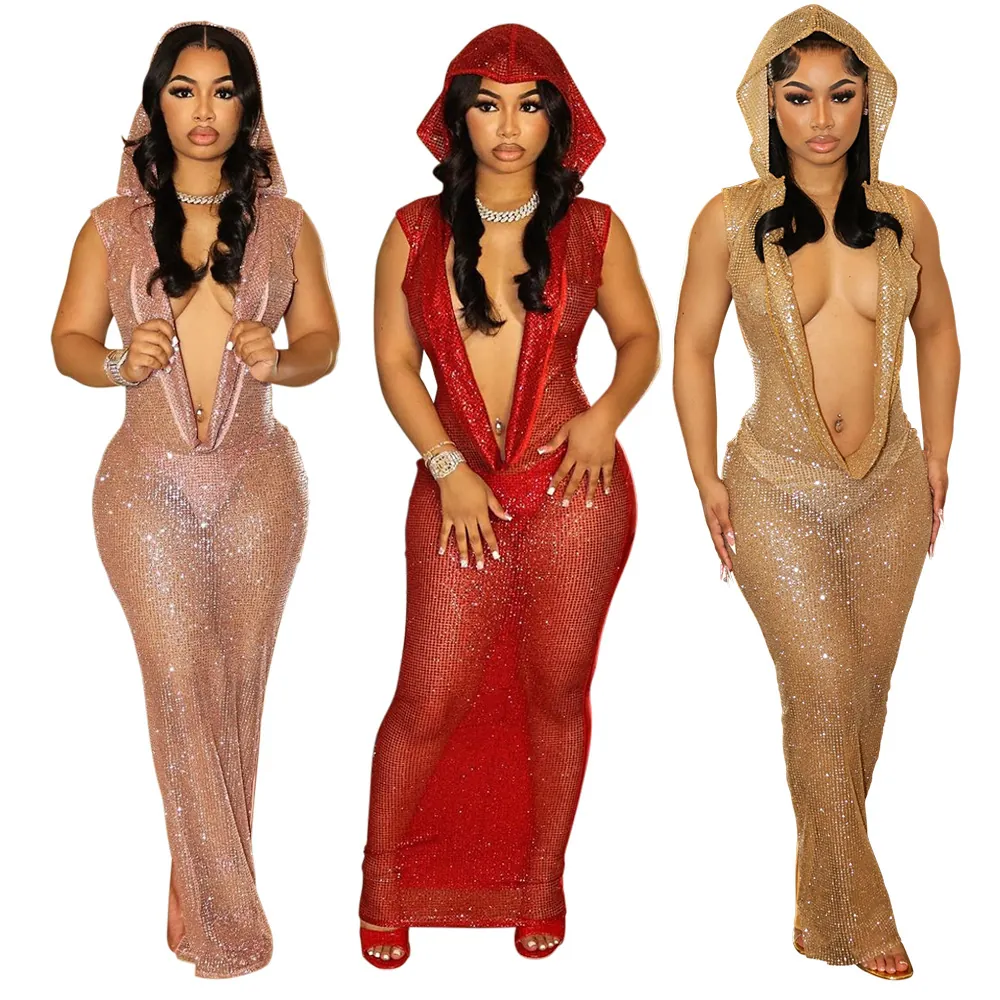 Robe Longue Maxi à Capuche Col en V Sexy Pour Femmes Transparente Dos Nu Moulante en Mesh à Paillettes Polyester Élasthanne