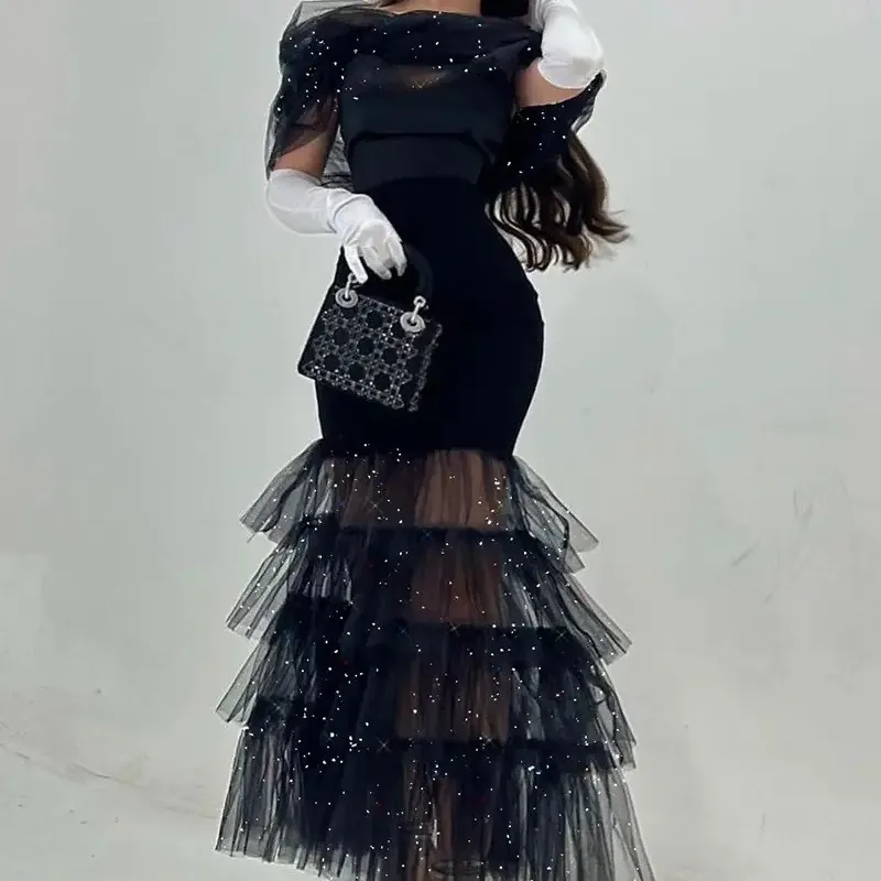 Vestido Largo Elegante de Malla con Lentejuelas para Mujer Hombros Descubiertos Vestido de Noche Fruncido para Banquetes Fiestas