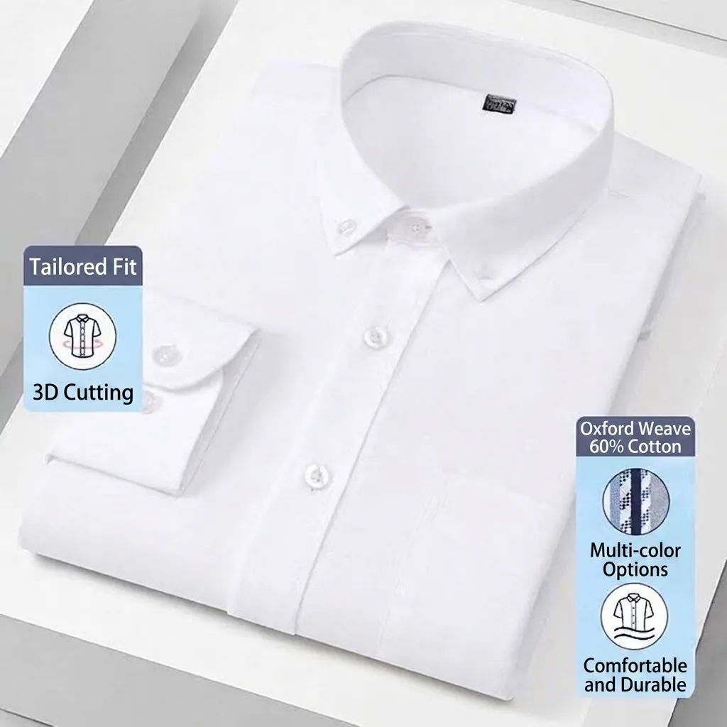 Herren Oxford Baumwollmischung Langarm Casual Hemd Reguläre Passform Button-Down Arbeitshemd Für Tägliches Büro Einfarbig Top