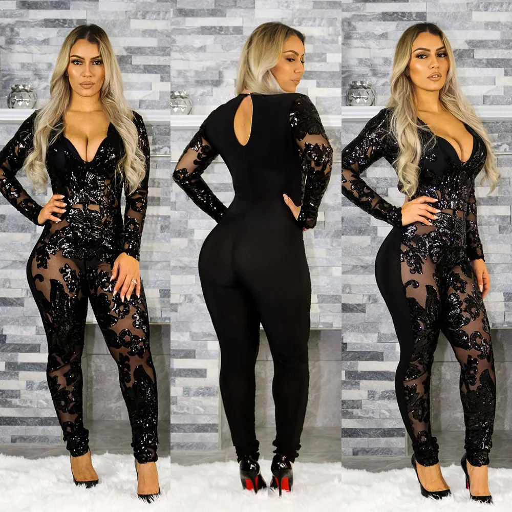 Tuta da Donna Sexy Aderente con Paillettes Trasparente Scollo a V Profondo Manica Lunga Body per Feste in Discoteca