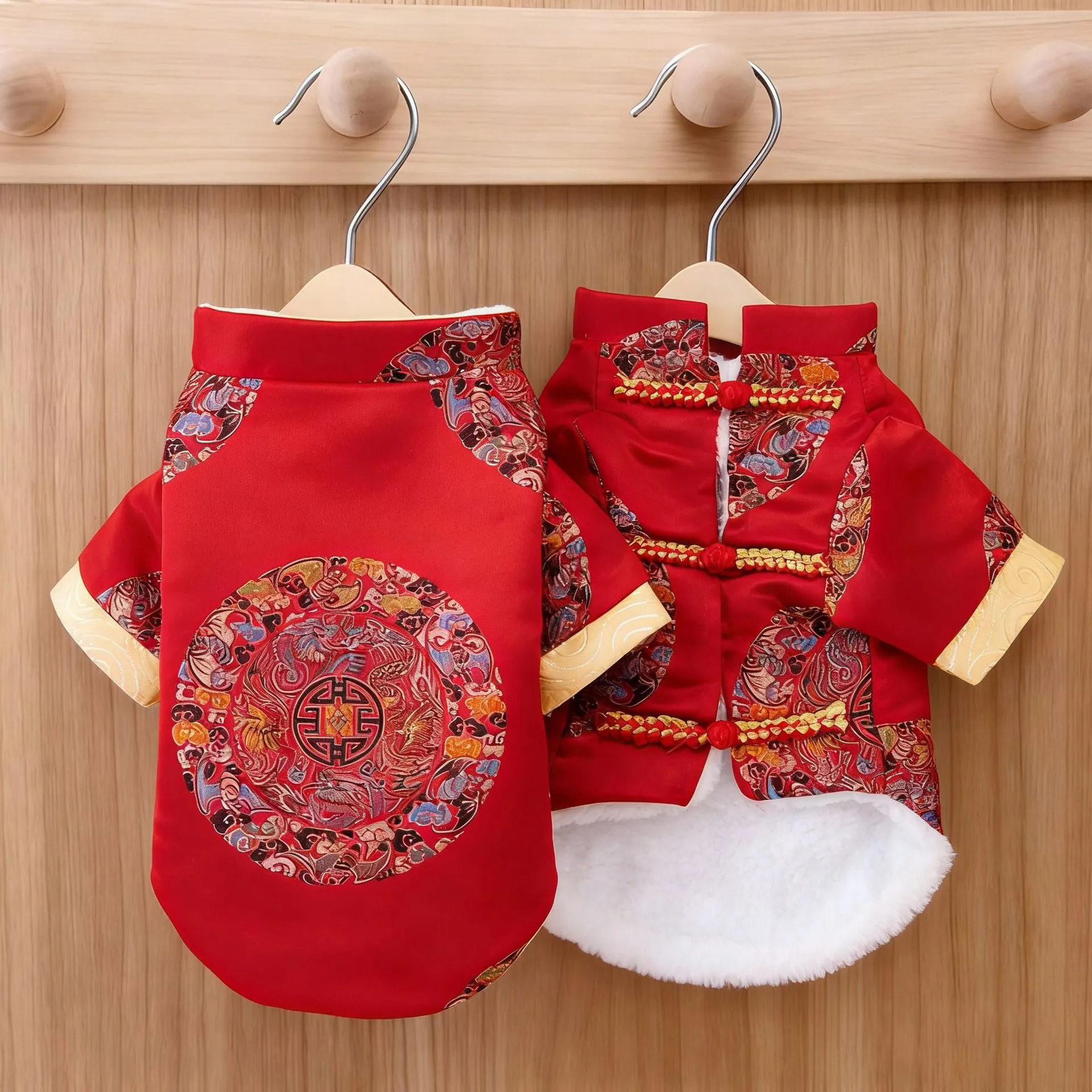 Abrigo de Invierno de Forro Polar Acolchado con Traje Tang de Año Nuevo Chino para Perros y Gatos Ropa Festiva Roja Tradicional Top