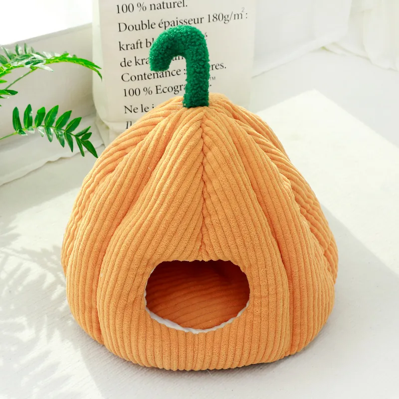 Gesloten Pompoen Huisdierbed Corduroy Warm Kattenhuis Voor De Winter Wasbaar Zacht Pluche Puppy Nest Kussen Slaapbed Thuis