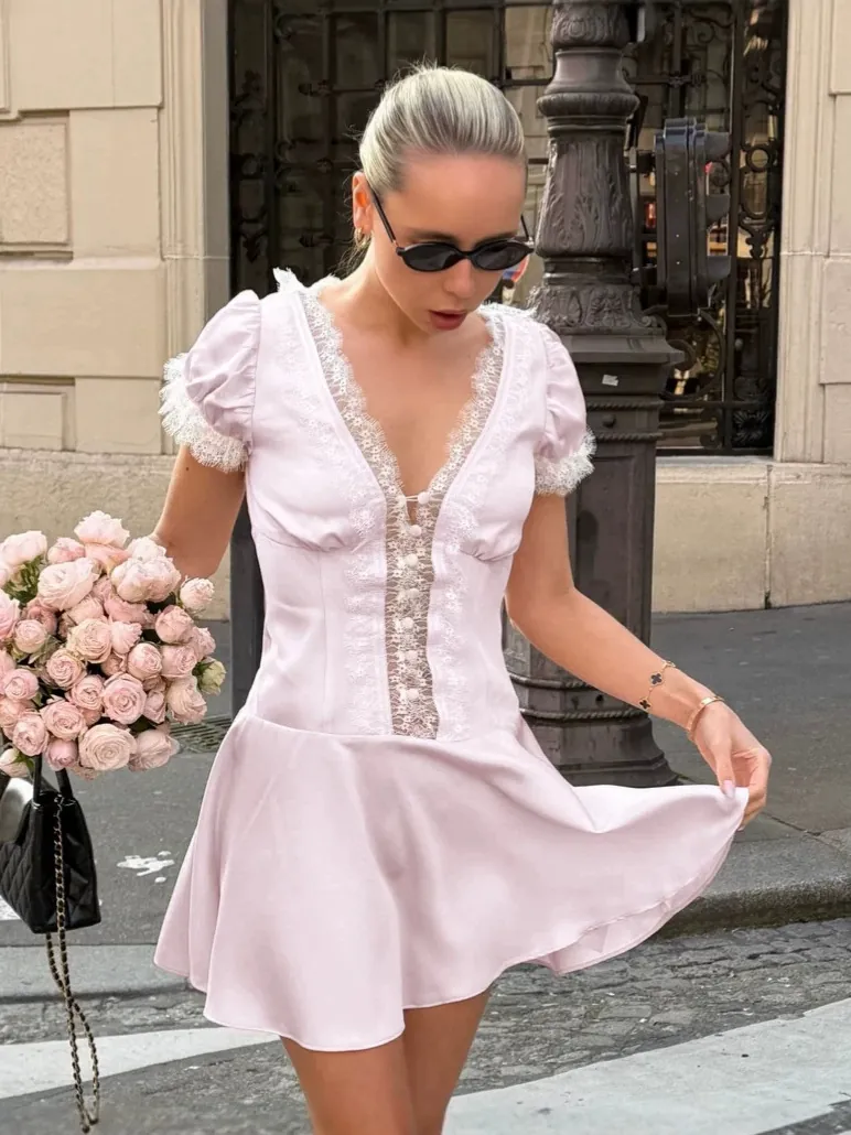 Women's French Style V Neck Satin Lace Patchwork Dress Puff Sleeve High Waist A Line Mini Skirt Party Vacation Outfit Pink
