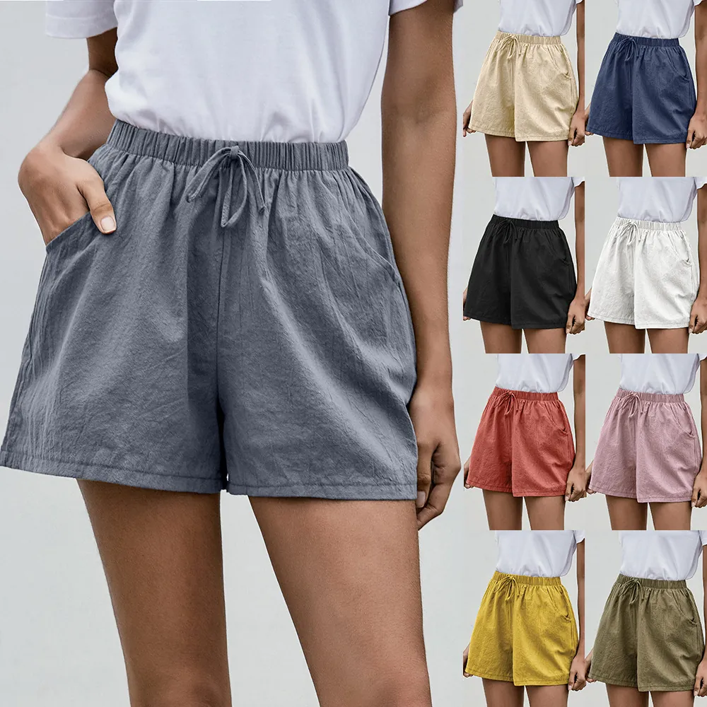 Pantalones Cortos de Algodón y Lino de Línea A para Mujer Verano Casual de Pierna Ancha de Cintura Alta con Cordón Pantalones Cortos de Moda con Bolsillos