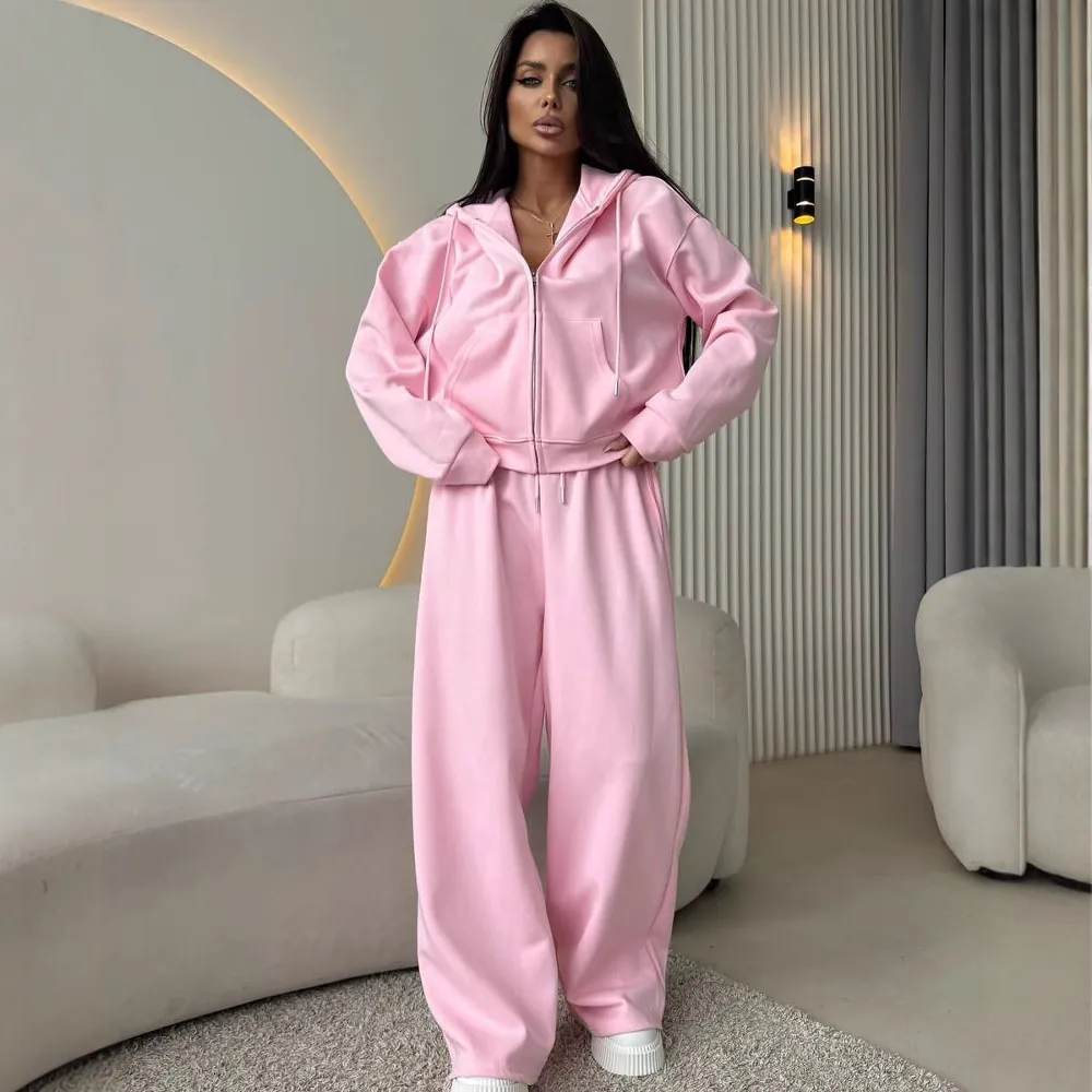 Women Casual Sportswear Set Long Sleeve Full Zip Hooded Sweatshirt And Wide Leg Pants Tracksuit Tracksuit Cotton Blend