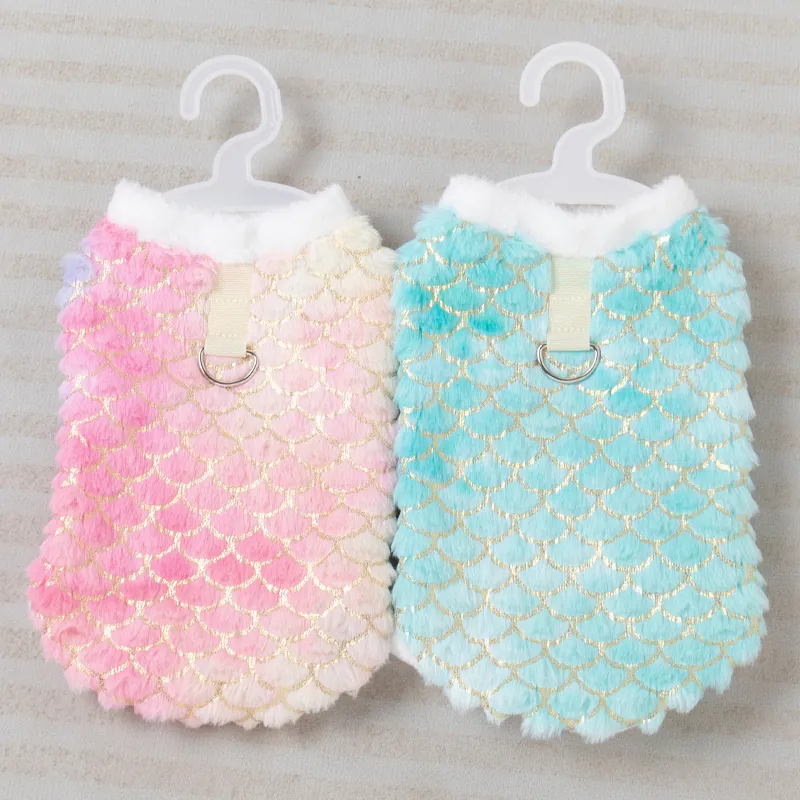 Gradient Mermaid Fish Scale Pet Hoodie With Harness D-Ring Winter Warm Velvet Lined Dog Sweatshirt For Small Dogs Cats
