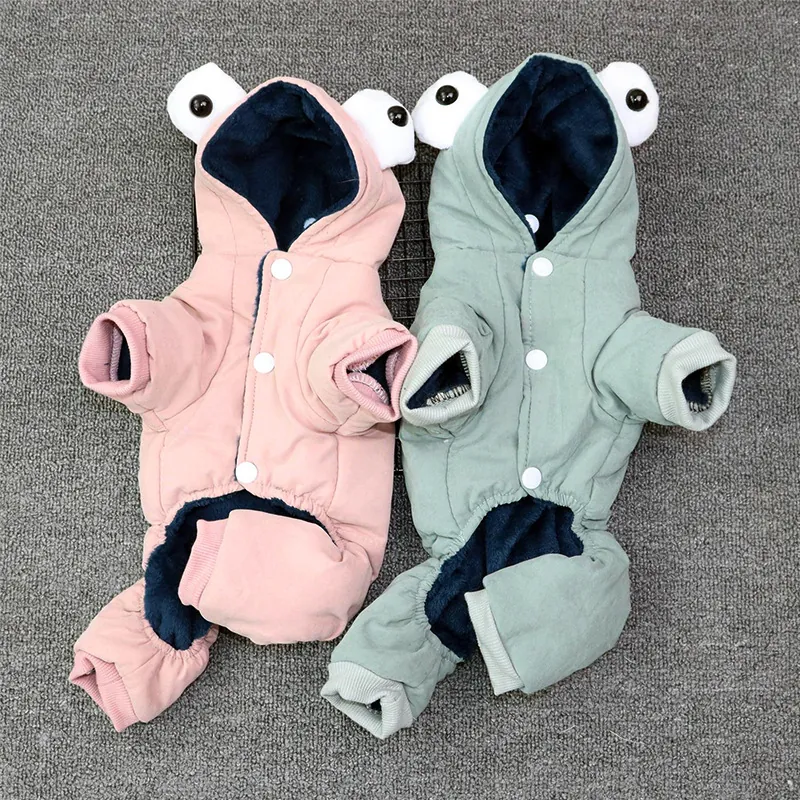 Dog Winter Jumpsuit Fleece Thickened Pet Clothes Jumpsuit Small Medium Dogs Warm Padded Jacket Coat With Frog Eyes Hood
