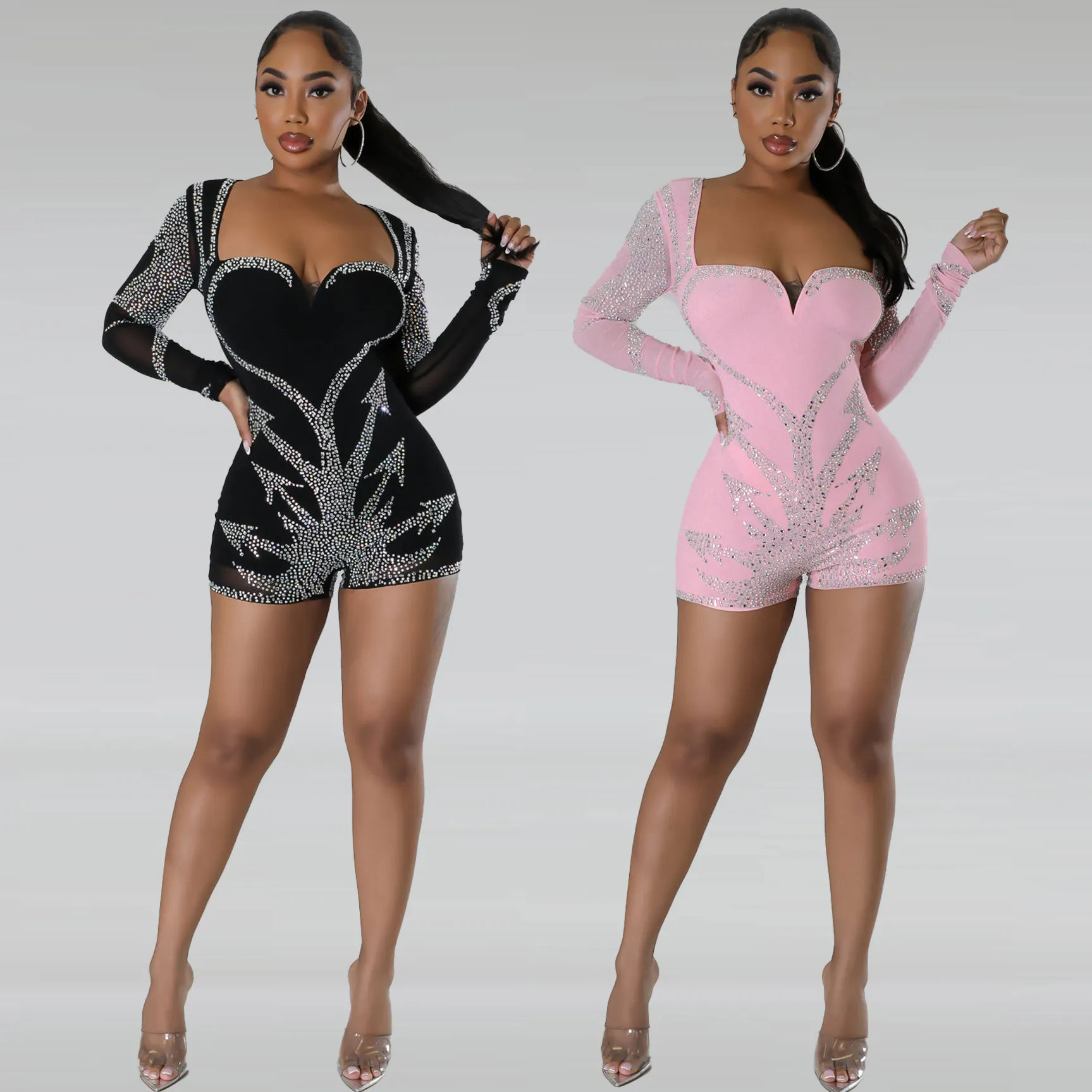 Damen Sexy Strass Figurbetont Playsuit Overall Tiefer V-Ausschnitt Langarm Polyester Party Clubwear Einteiler