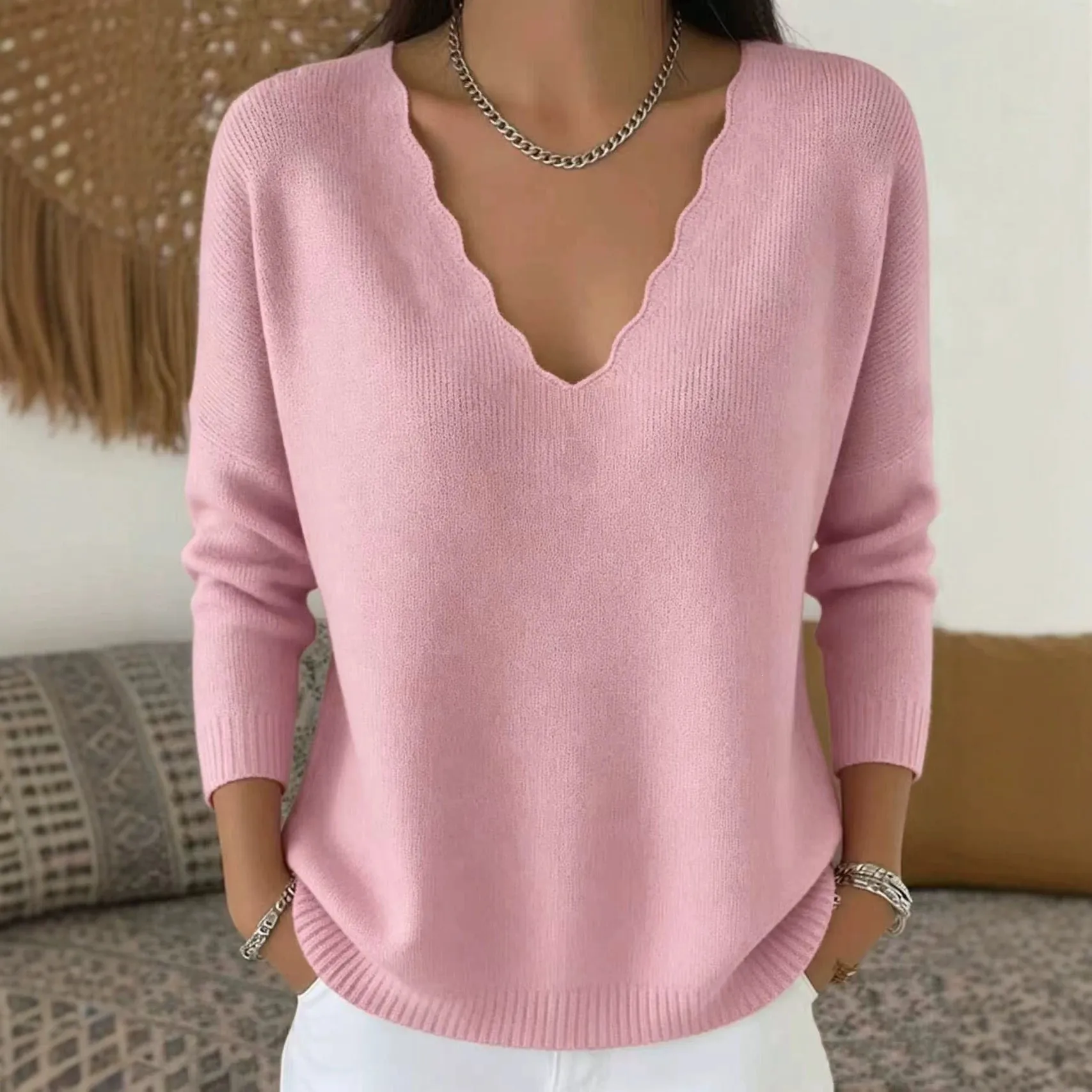 Women Scalloped V Neck Knitted Sweater Loose Long Sleeve Solid Color Pullover Casual Fall Winter Viscose Polyester Top