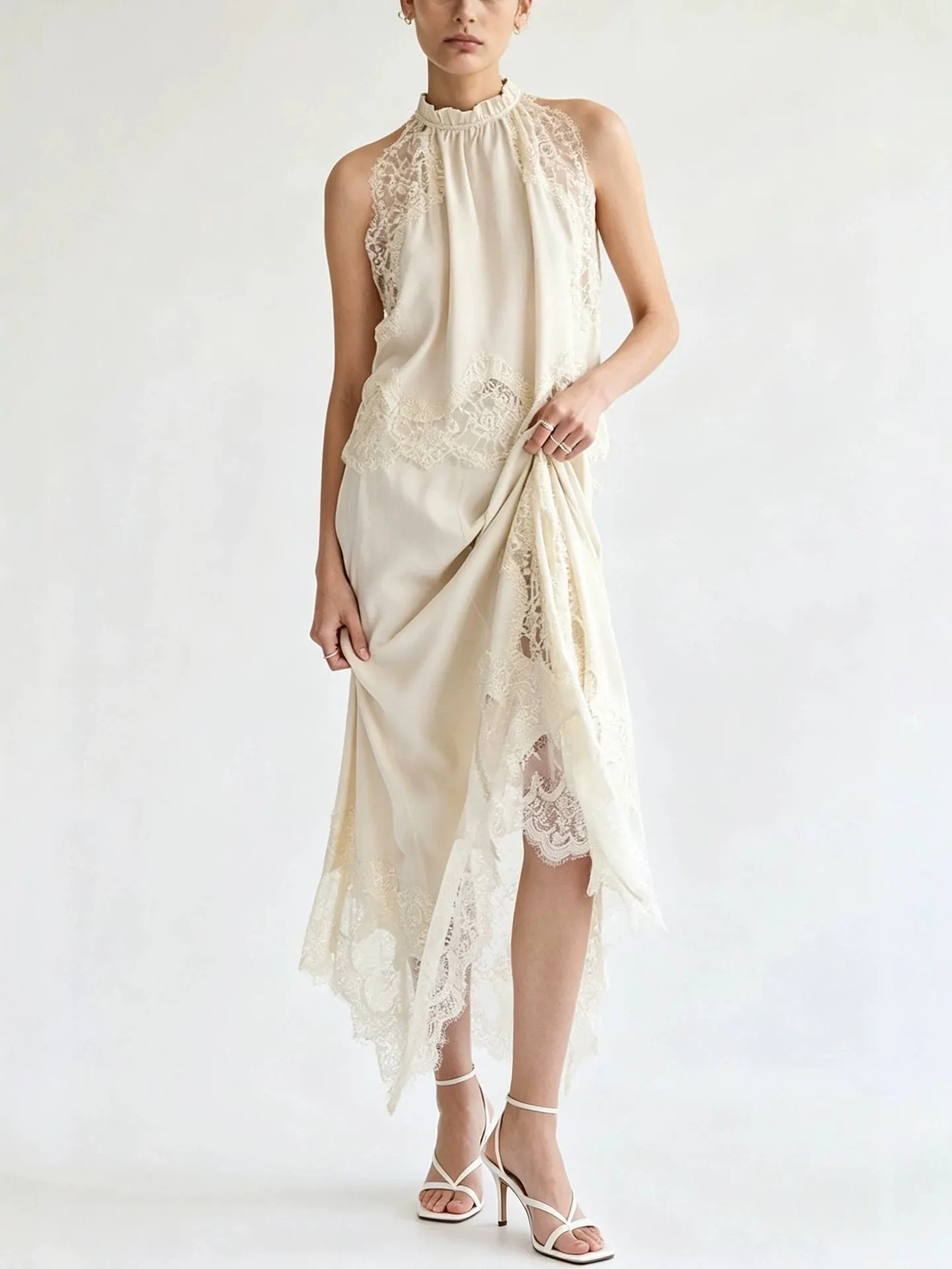 Women Top And Bottom Lace Splicing Hollow Out Sleeveless Round Neck Split Midi Skirt Elegant Patchwork Summer Clothes