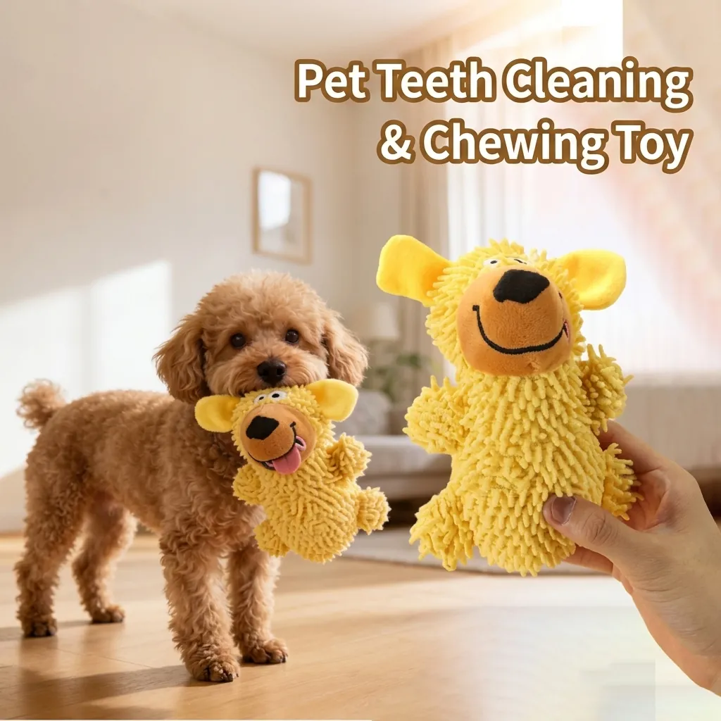 Cute Squeaky Plush Dog Toy Mop Fabric Texture For Teeth Cleaning Interactive Soft Cartoon Dog Shape Pet Chew Toy Relief