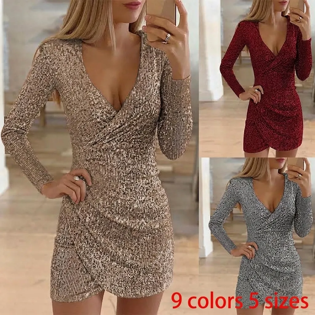 Women's Sexy V-Neck Sequin Dress Long Sleeve Irregular Hem Bodycon Mini Party Dress Elegant Polyester Sparkling Evening Gown