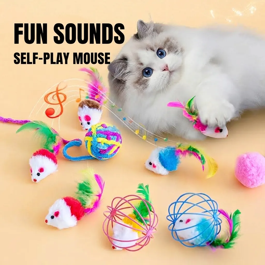 Interactive Cat Toy Set Multicolor Plush Mouse With Feather Tail Yarn Ball Metal Cage Mouse For Boredom Relief Indoor Exercise