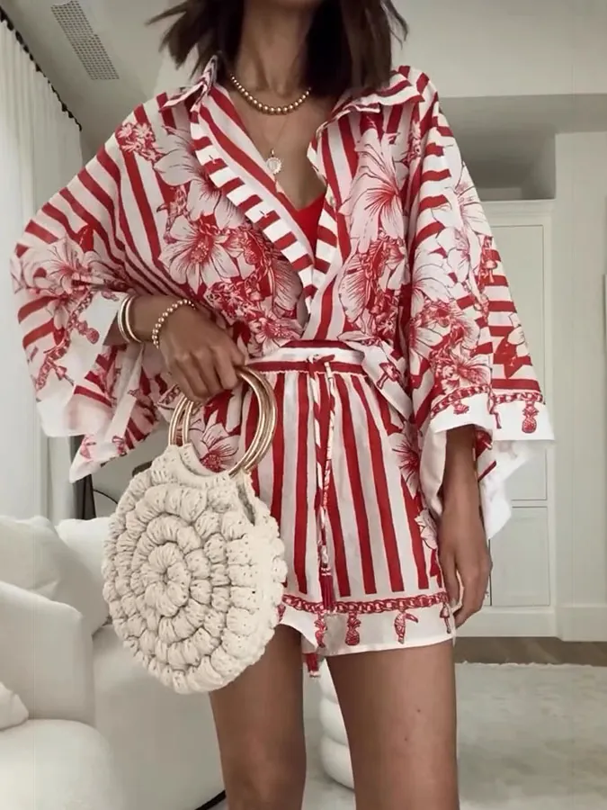 Mujeres Top And Bottom Estampado Floral Tropical Manga Murciélago Camisa Pantalones Cortos Conjunto Casual Vacaciones Pijama Cintura Alta Top And Bottom