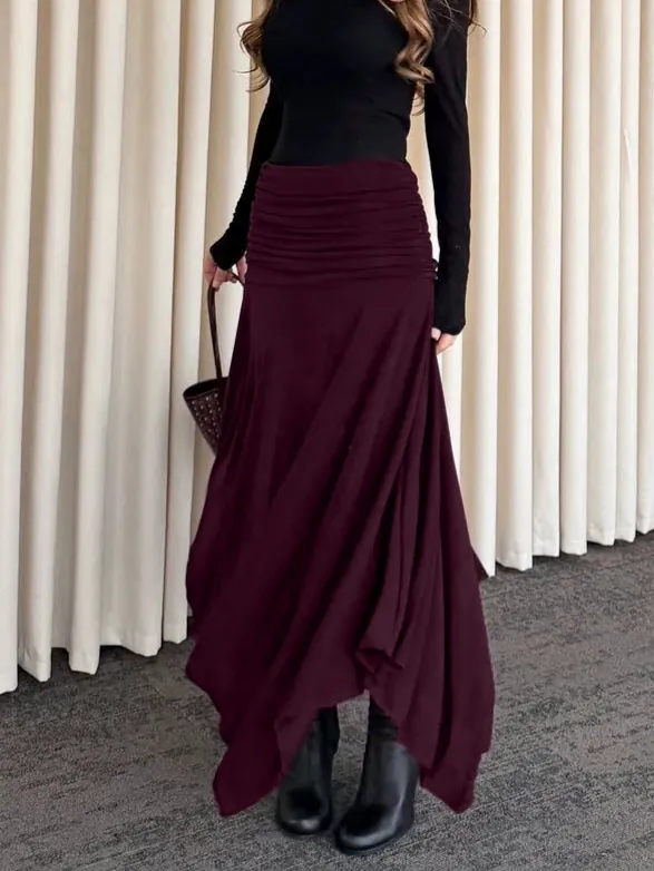 Gonna in Maglia Increspata a Vita Alta Elegante da Donna Inverno Autunno Moda Gonna Midi Drappeggiata a Linea A Rosso Vino