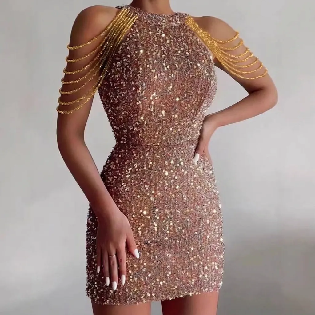 Women Halter Sequin Bodycon Mini Dress With Rhinestone Crystal Chain Tassel Sexy Sleeveless Party Nightclub Dress