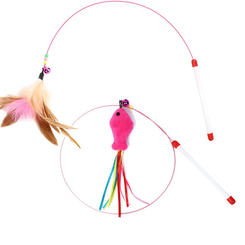 Vara de Juego Larga y Flexible de Alambre de Acero para Gatos Juguete Interactivo Con Plumas Campana Forma de Ratón Pez Vara de Entrenamiento para Mascotas