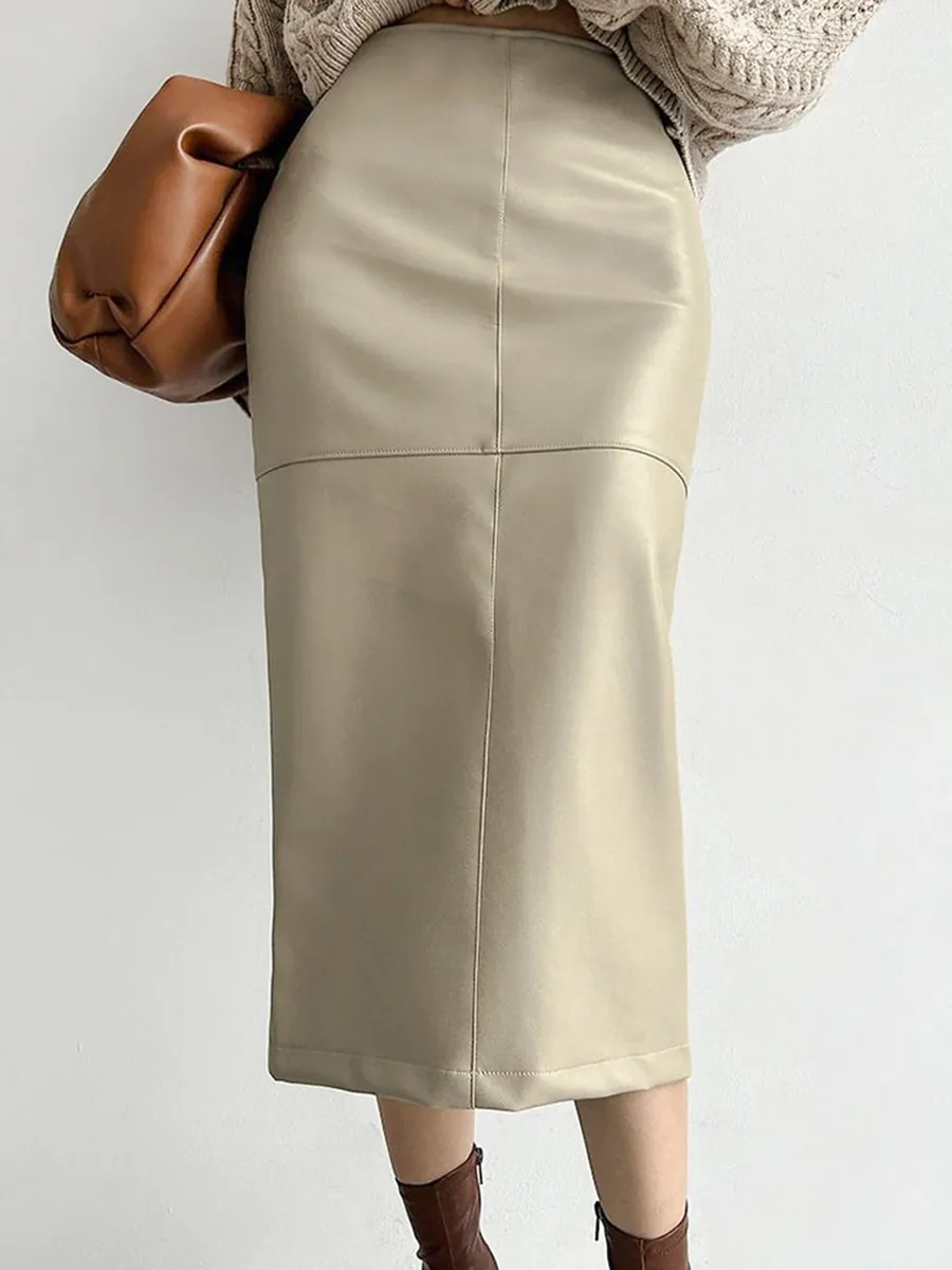 Women French Khaki Black PU Leather Skirt High Waist Midi Bodycon Pencil Skirt Stitched Faux Leather Wrap Skirt Spring Autumn