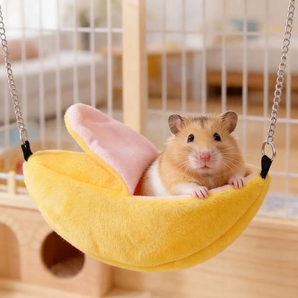 Hamac pour Petit Animaux Forme de Banane Nid de Hamster en Peluche Chaude Maison de Lit Suspendue pour Cochon d'Inde Tapis pour Animaux de Compagnie Cartoon