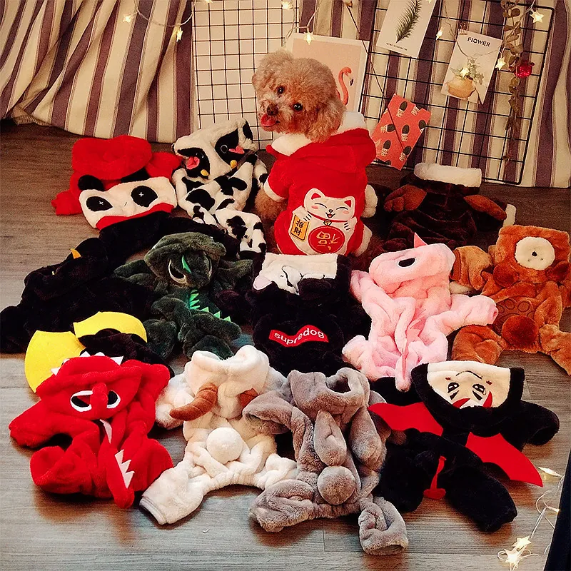 Pet Dog Cat Transformation Costume Thickened Coral Fleece Autumn Winter Warm Jumpsuit Apparel For Small Medium Dogs Cats
