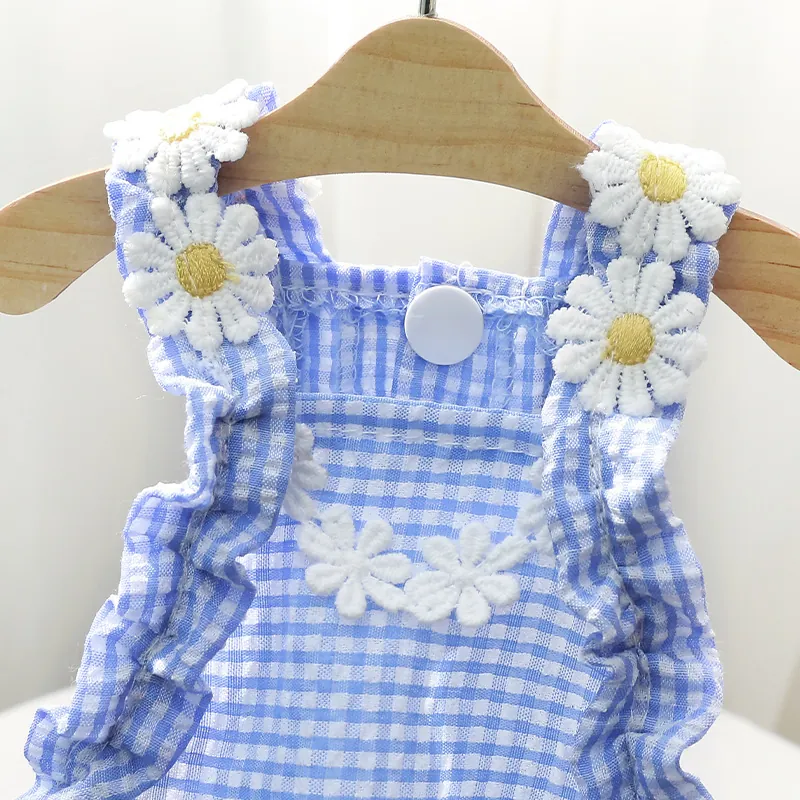 Karriertes Haustierkleid Mit Gänseblümchen-Stickerei Atmungsaktiver Welpenrock Floral Ruffle Hundekleid Für Kleine Hunde Katzen Sommer Prinzessin Kleidung