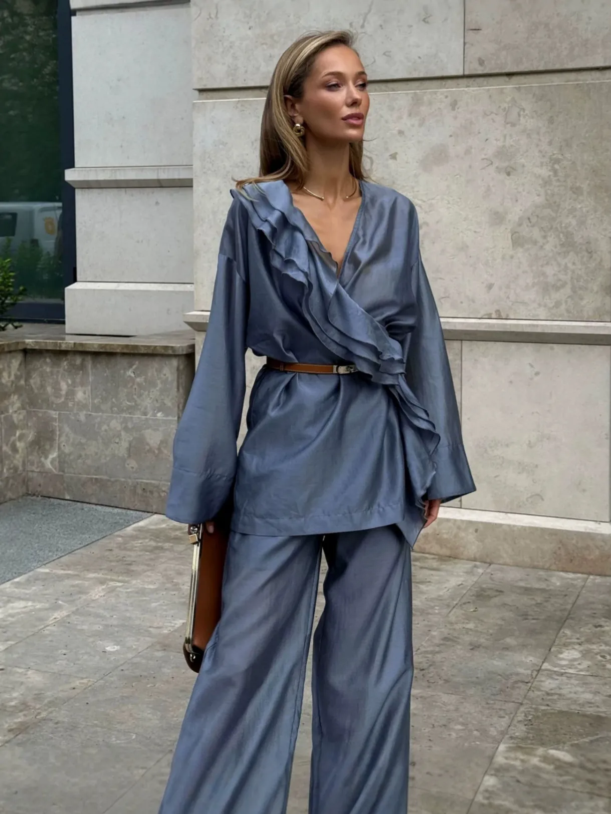 Women Tencel Ruffle Wrap Top And Wide Leg Pants Set Long Sleeve Office Commute Elegant Two Piece Solid Color Co-ord