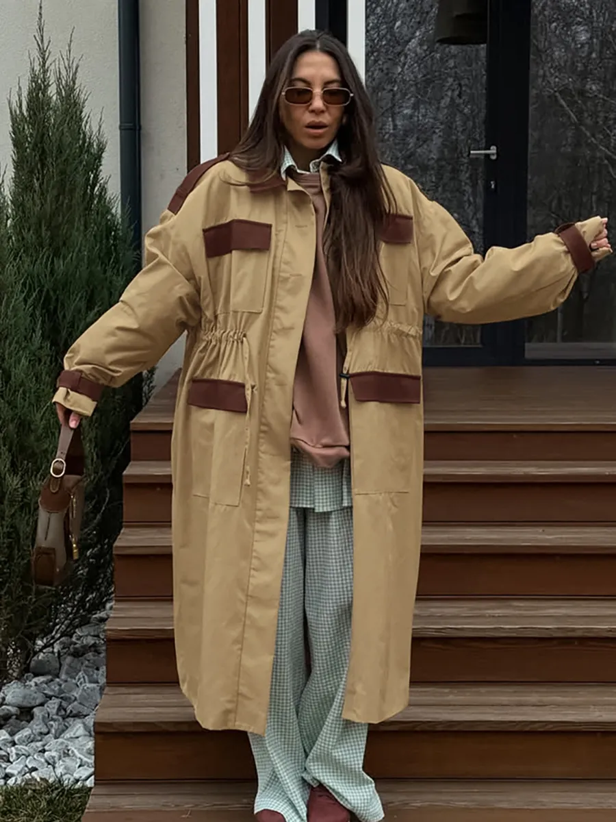 Women British Retro Long Trench Coat Khaki Contrast Patchwork Windbreaker Overcoat With Drawstring Waist Elegant Commute Jacket
