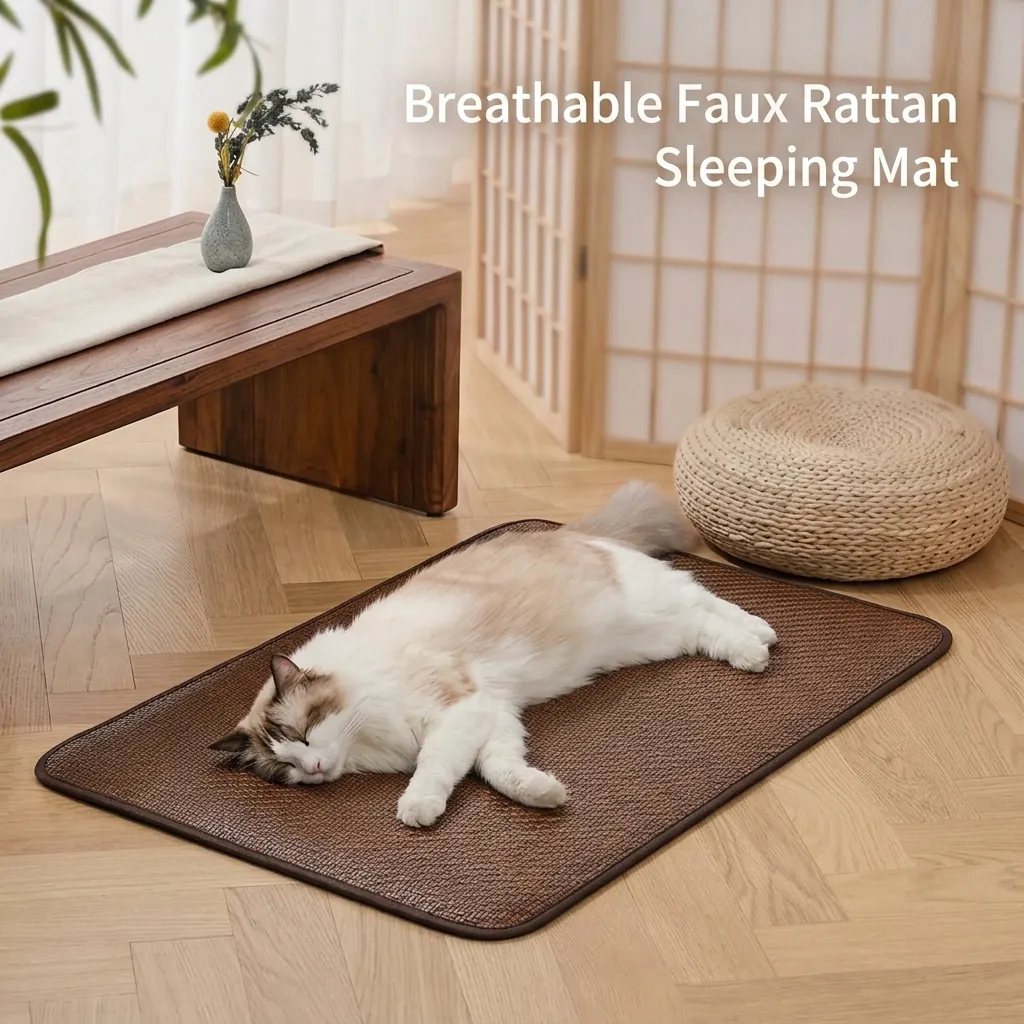 Tapis de Refroidissement pour Animaux de Compagnie Été Respirant en Imitation Rotin Tissé Coussin de Couchage pour Chiens Chats