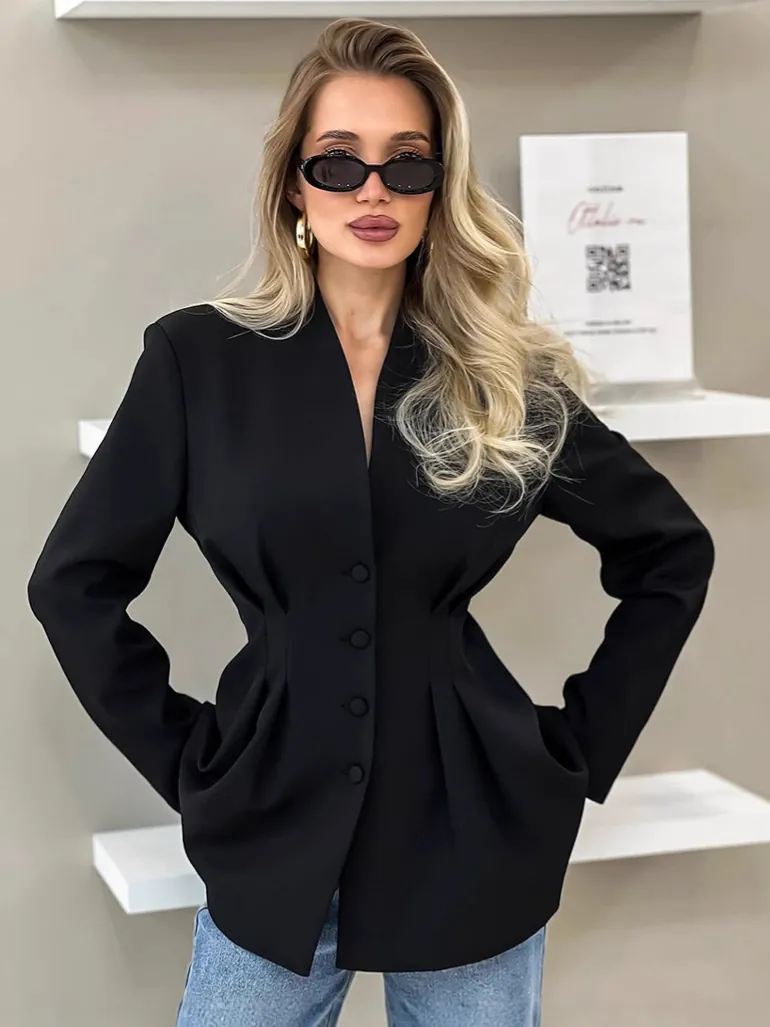 Damen Elegant Slim Fit Taillierter Blazer Jacke Tiefer V-Ausschnitt Patchwork Design Lässige Büro Arbeitskleidung Oberbekleidung Schwarz