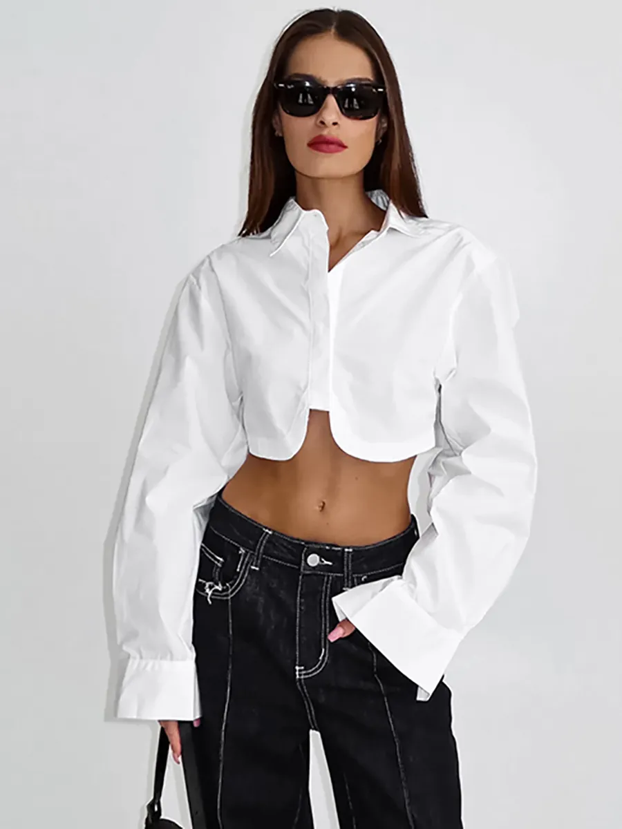 Camicia Bianca in Cotone Minimalista Francese Donna Maglia Corta a Maniche Lunghe Elegante Risvolto Professionale