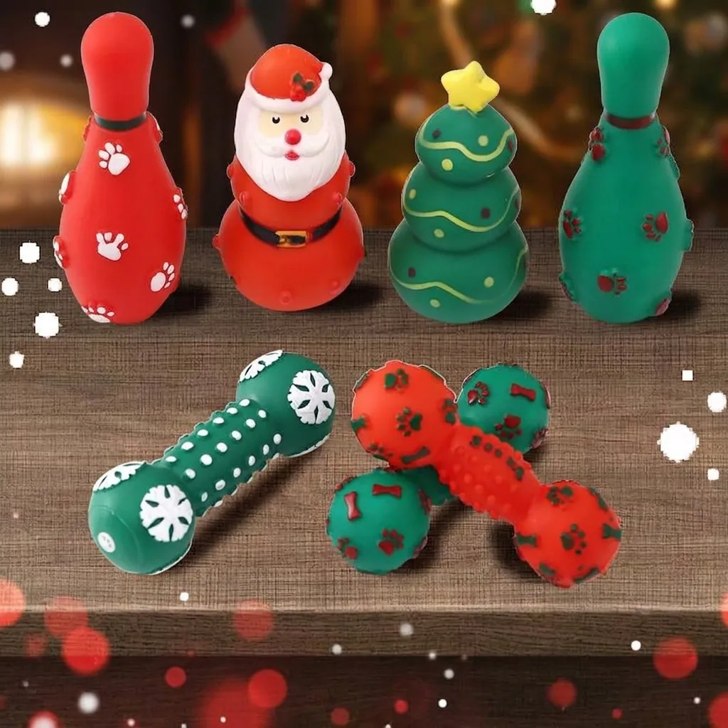 Weihnachts-Hundequietschspielzeug Vinyl-Haustier-Zahnreinigungs-Kauspielzeug Für Kleine Mittlere Hunde Weihnachtsmann-Weihnachtsbaum-Bowling-Formen