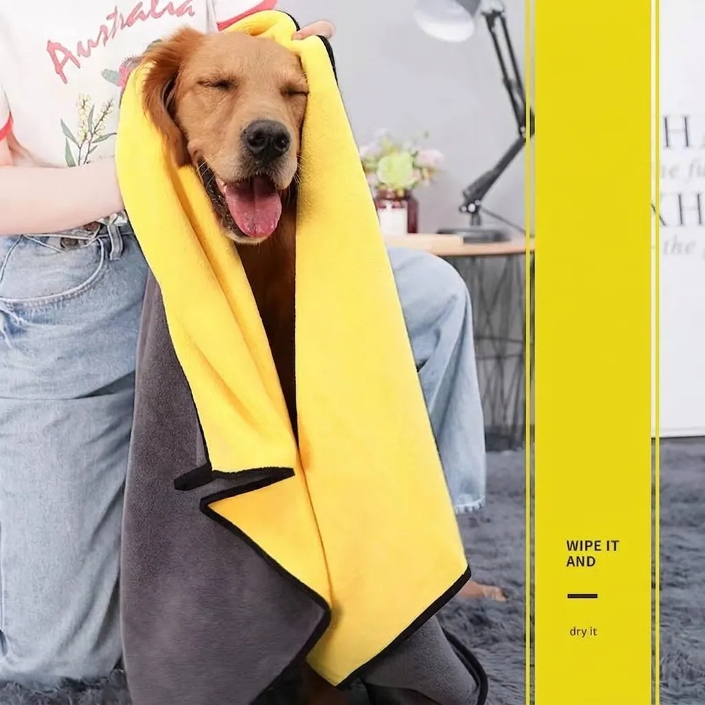 Serviette de Bain Super Absorbante en Microfibre pour Chiens et Chats Séchage Rapide Serviette de Nettoyage Épaissie Double Face Gris Jaune