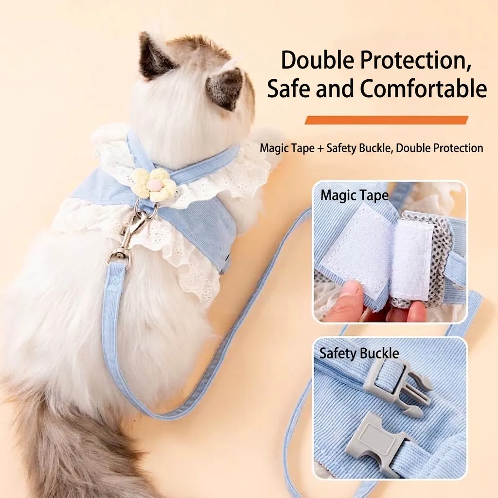 Ensemble Harnais et Laisse en Polyester pour Petits Chiens Chats Bordure en Dentelle Florale Décorative Maille Respirante Harnais