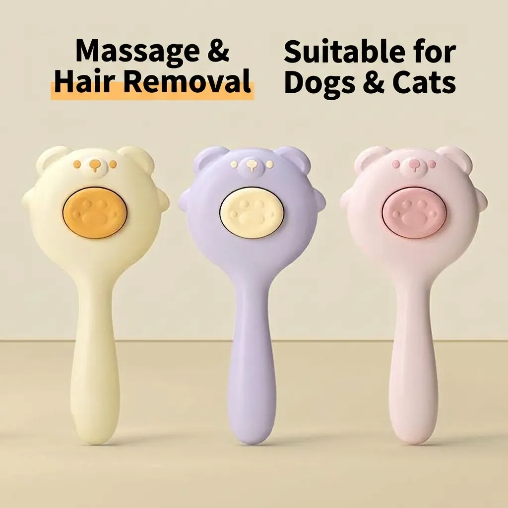 Cute Bear Shape Pet Grooming Brush For Cats And Dogs Self Cleaning Slicker Brush With Stainless Steel Pins One Click Hair Removal