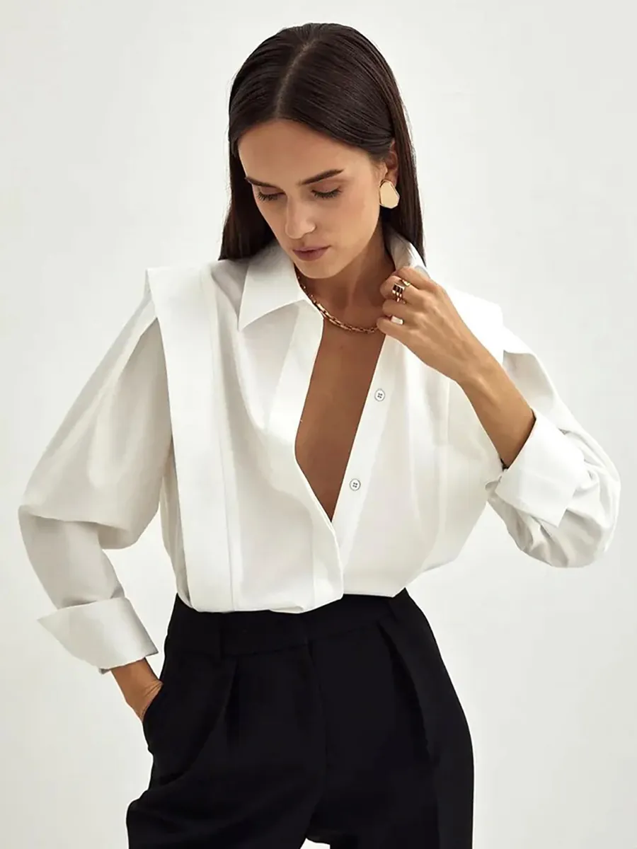 Women French Style Pure Cotton Blouse Elegant Solid Color Long Sleeve Loose Lapel Splicing Commuter Shirt Top