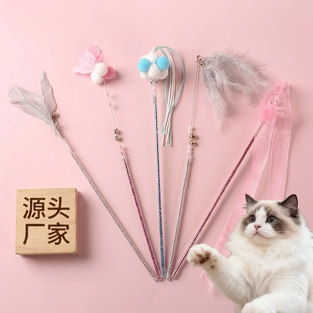 Interactive Fairy Style Cat Teaser Wand With Bell Feather Plush Ball Ribbon Long Handle Tassel Pet Kitten Exercise Toy