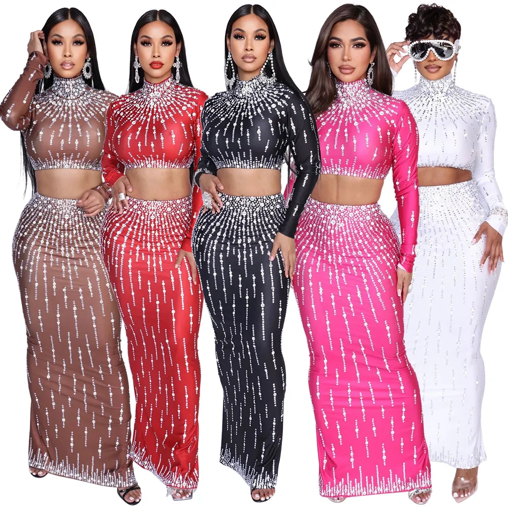 Dames Lange Mouw Hoge Hals Crop Top En Bodycon Split Maxi Rok Boven- En Onderstuk Strass Print Feestkleding